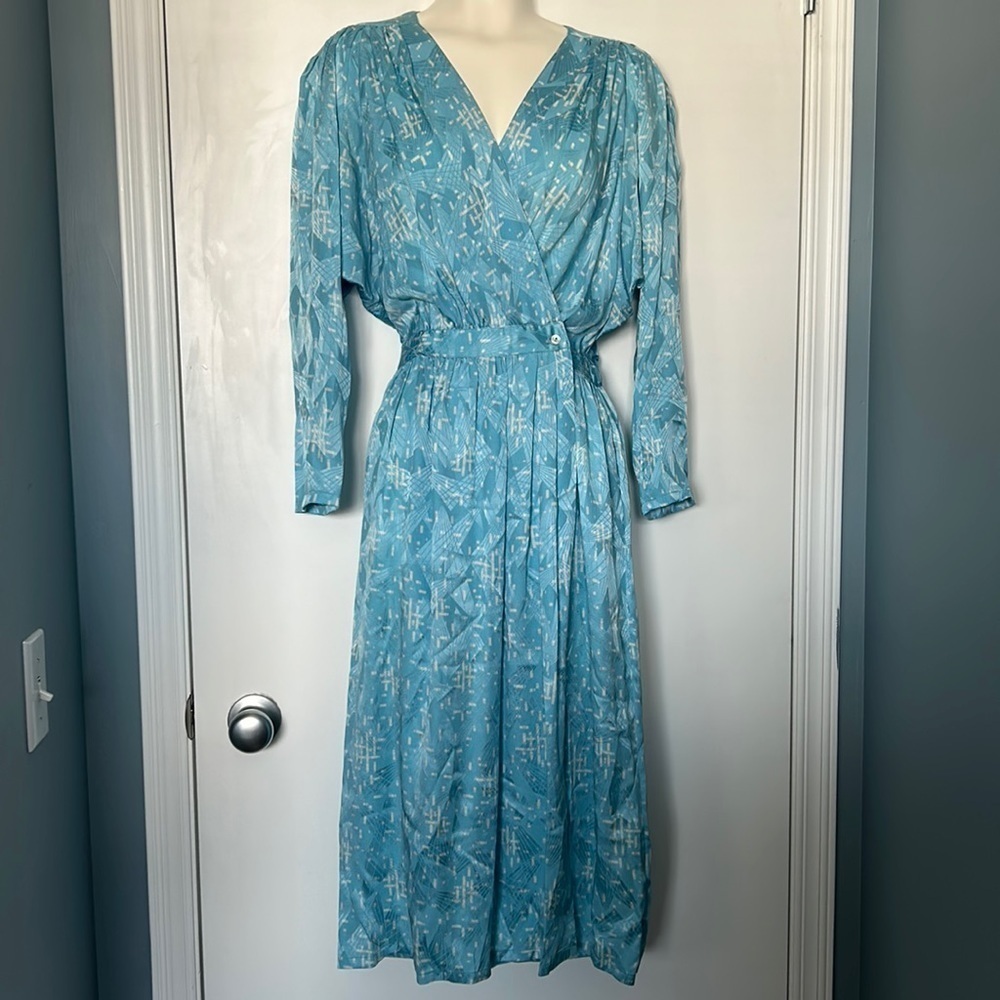 Nora Noh Vintage Inspired 100% Silk Blue Pattern Wrap Dress